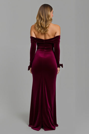 Off The Shoulder Velvet Sheath Burgundy Holiday Dress With Slit